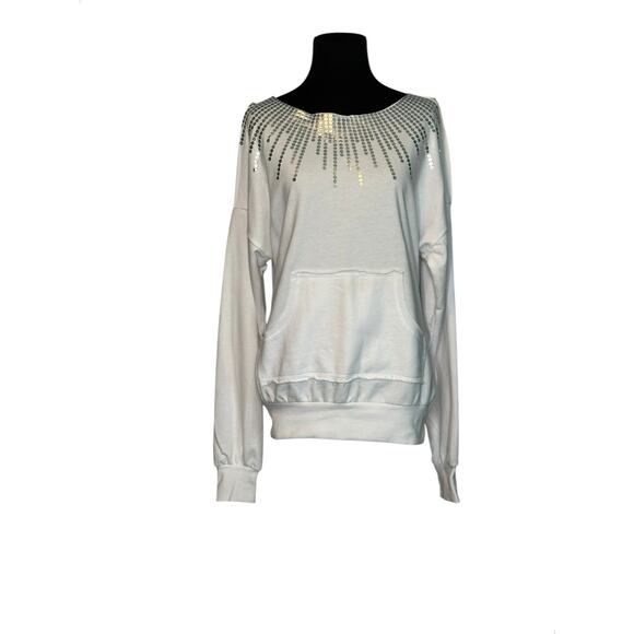 Wet Seal white embellished cold shoulder long sleeves sweatshirt size M - Picture 12 of 16